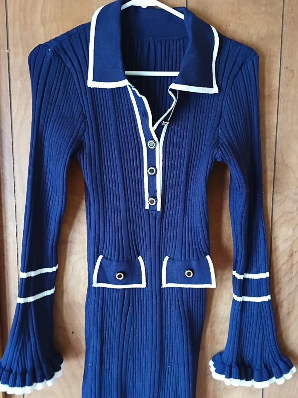 Vintage Ribbed Knit Sailor Dress Blue White Size L Bell Sleeve midi - Picture 3 of 6